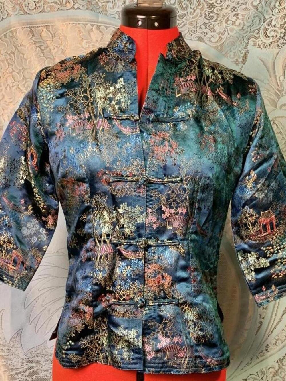 Vintage Satin Brocade Mandarin Collar Top Teal Blue Green Button Asian Blouse